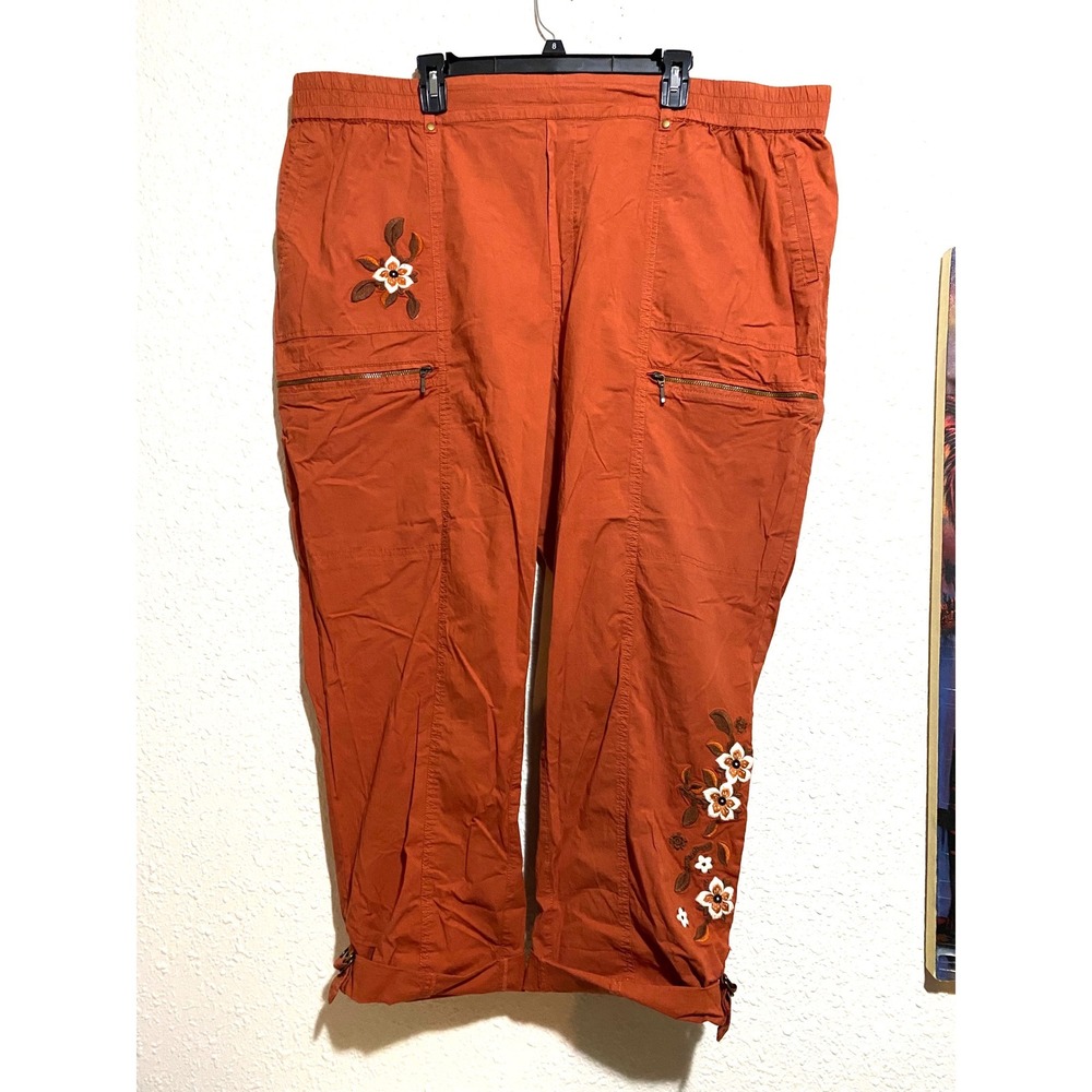 Soft Surroundings Terracotta Floral Embroidered Cargo Pants Burnt Orange 3X plus